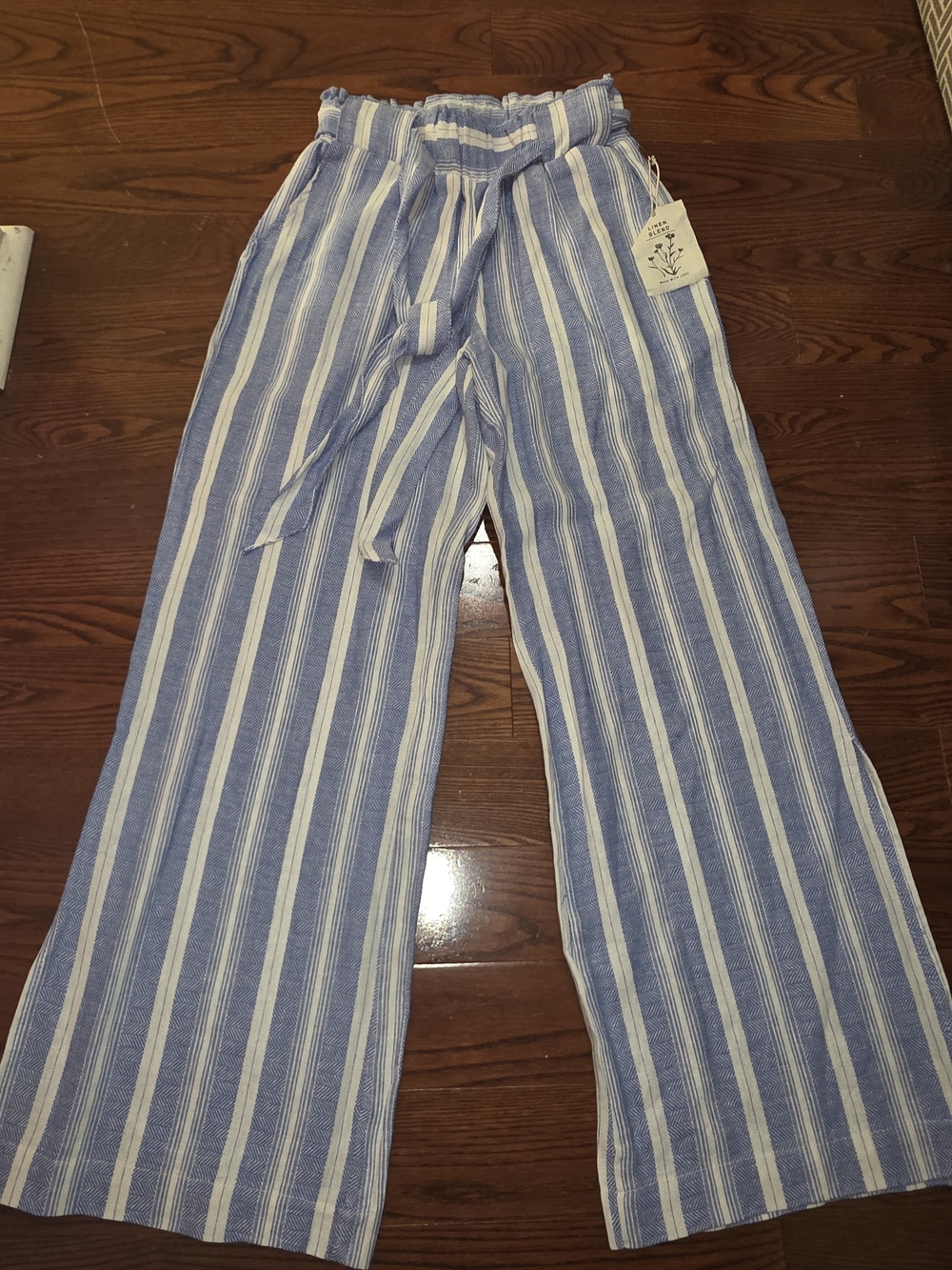 Blue and White Vertical Stripe Linen Wide-Leg Pants